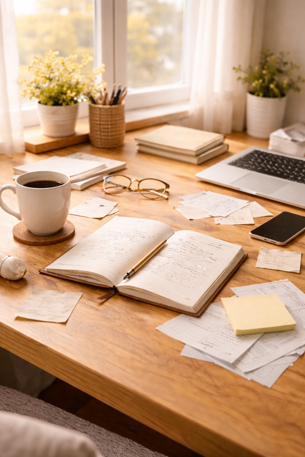 창가 자연광 아래 메모지와 펜이 놓인 조용한 일상 공간