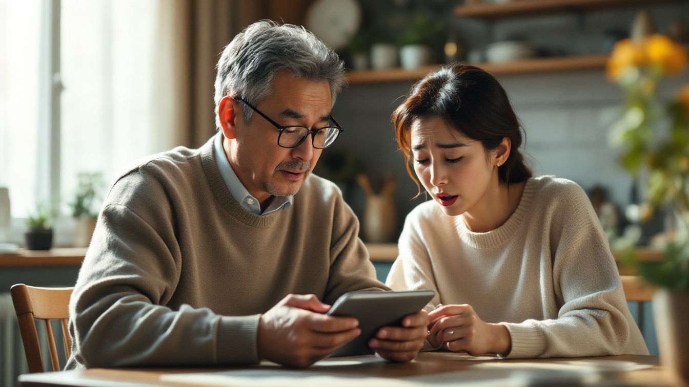 A surprised Korean senior couple checking their bank account after national pension payment was stopped due to unexpected income in 2025.