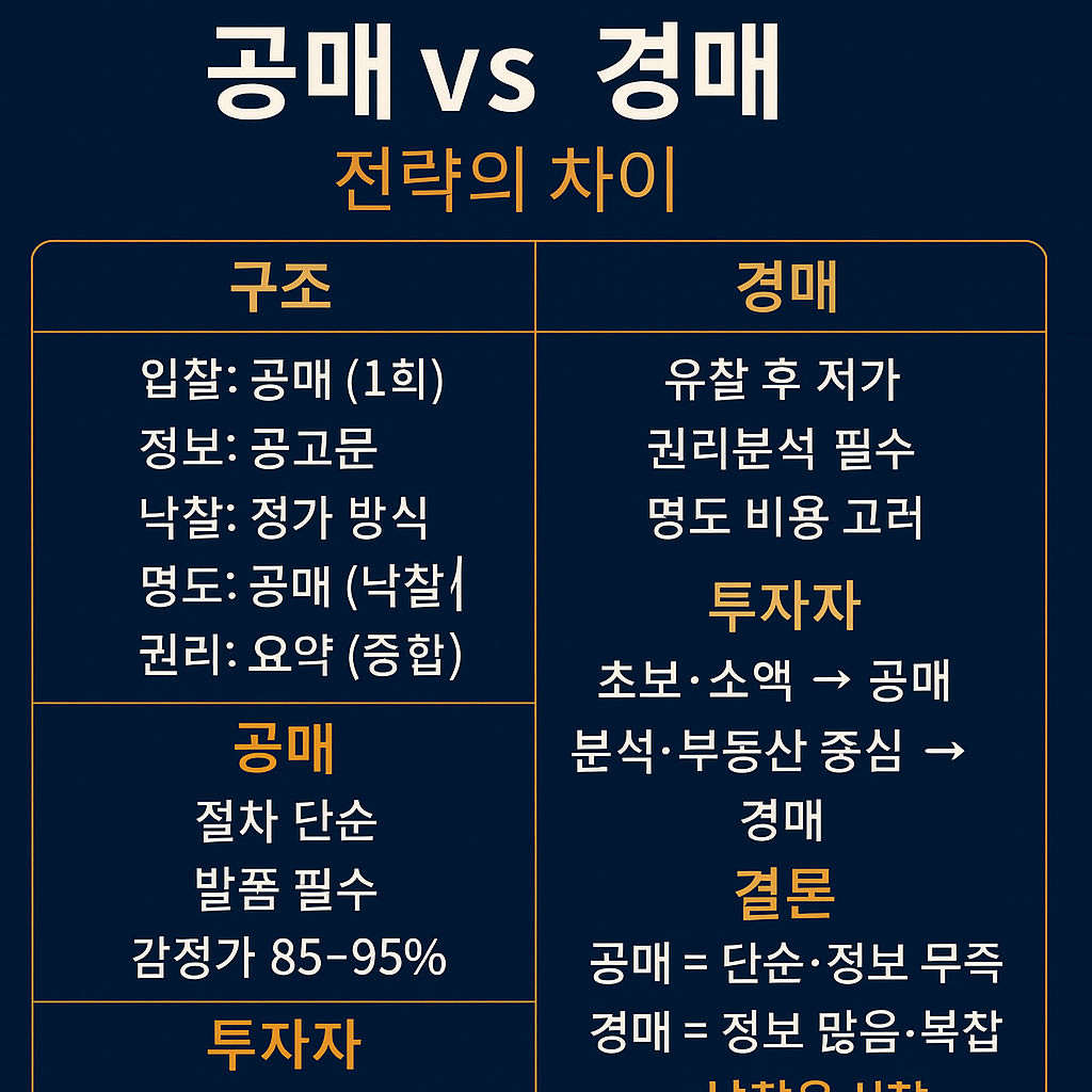 공매와 경매 전략 차이를 비교한 인포그래픽: 구조, 절차, 투자자 유형, 결론을 요약해 공매는 단순·정보 부족, 경매는 정보 많음·복잡함을 강조