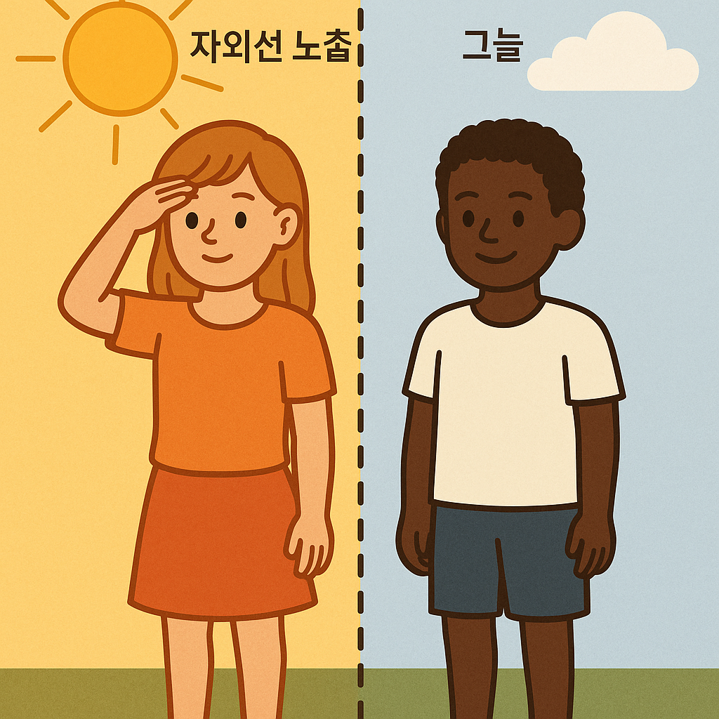 자외선에 노출된 아이와 그늘에 있는 아이의 비교 일러스트