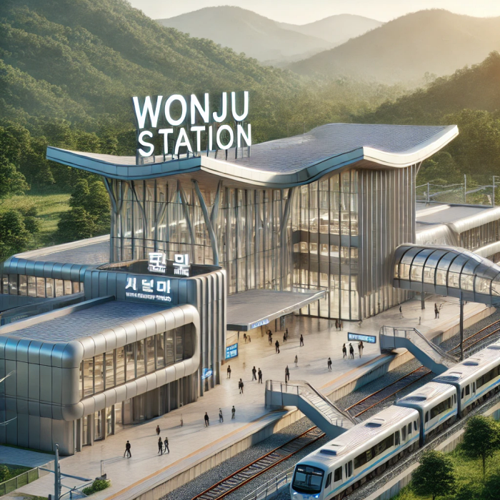 원주역 외부 전경과 '원주역' 간판이 포함된 현대적인 건축물