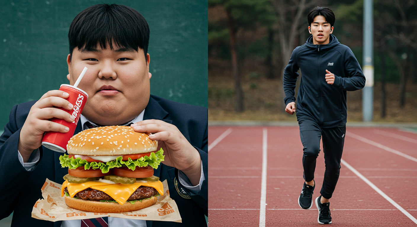 왼쪽에는 햄버거와 콜라를 먹는 학생이 있고, 오른쪽에는 운동복을 입고 트랙에서 달리기를 하는 청년이 있는 모습. 패스트푸드와 운동의 차이를 비교하는 건강과 라이프스타일 대비 이미지