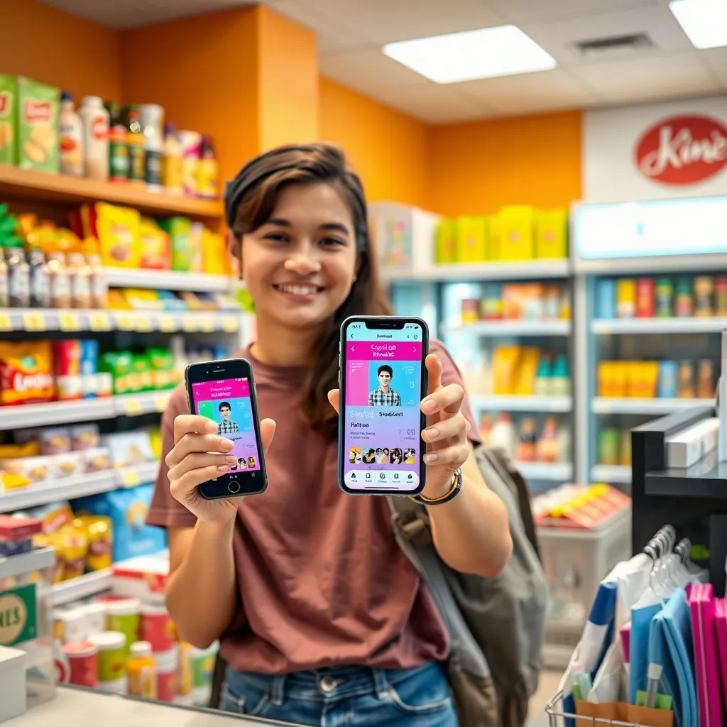 한 대학생이 스마트폰 앱을 통해 모바일 학생증을 보여주며 매점 카운터에서 물품을 구매하려는 모습입니다. 계산대 뒤편으로는 다양한 상품들이 진열되어 있고, 학생은 만족스러운 표정입니다.