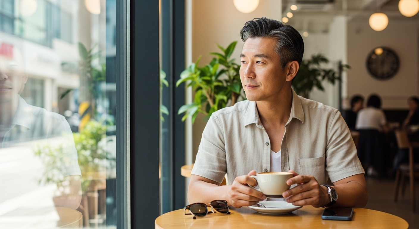 카페에 트렌드한 중년 남성