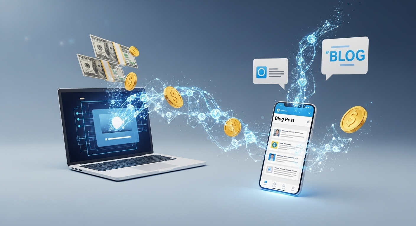 노트북과 스마트폰 주변으로 돈이 흘러들어오는 모습. AI 블로그 수익화를 시각적으로 표현합니다.