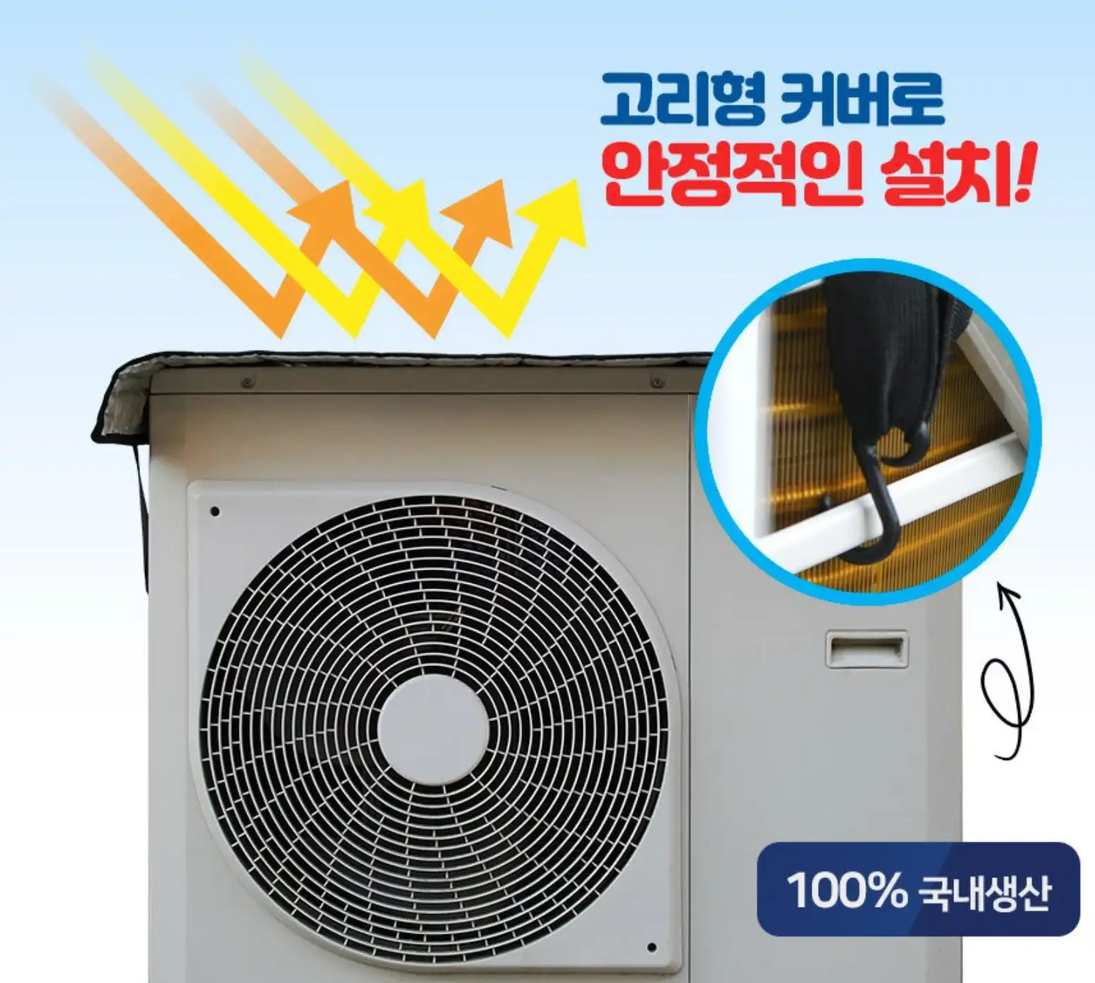 고리형 커버로 안정적으로 설치된 에어컨 실외기 커버 모습