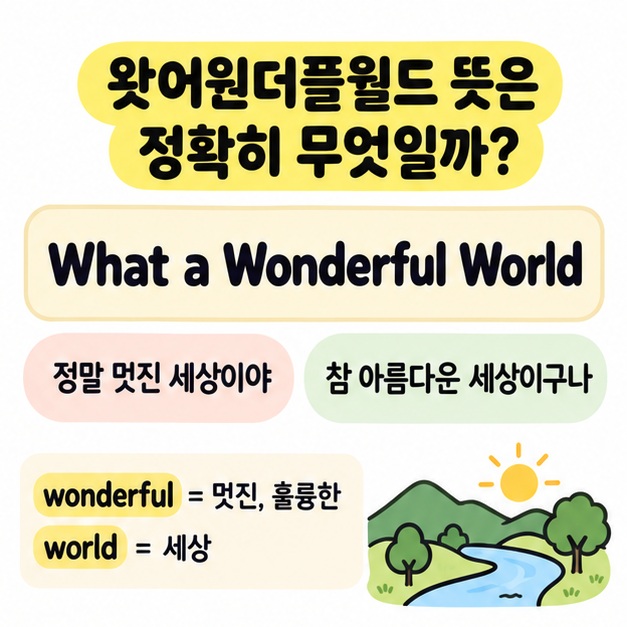 What a Wonderful World를 정말 멋진 세상이야로 연결해 뜻을 설명한 그림
