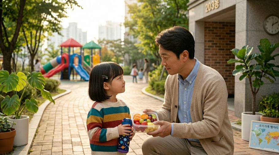 아파트 단지 놀이터 하원 길에 아빠가 아이에게 미리 준비한 건강한 간식 통을 쥐여주며, 이웃 부모들과의 선의의 간식 나눔을 부드럽게 거절하는 사전 약속 루틴을 교육하는 현실 육아 일상 대표 이미지