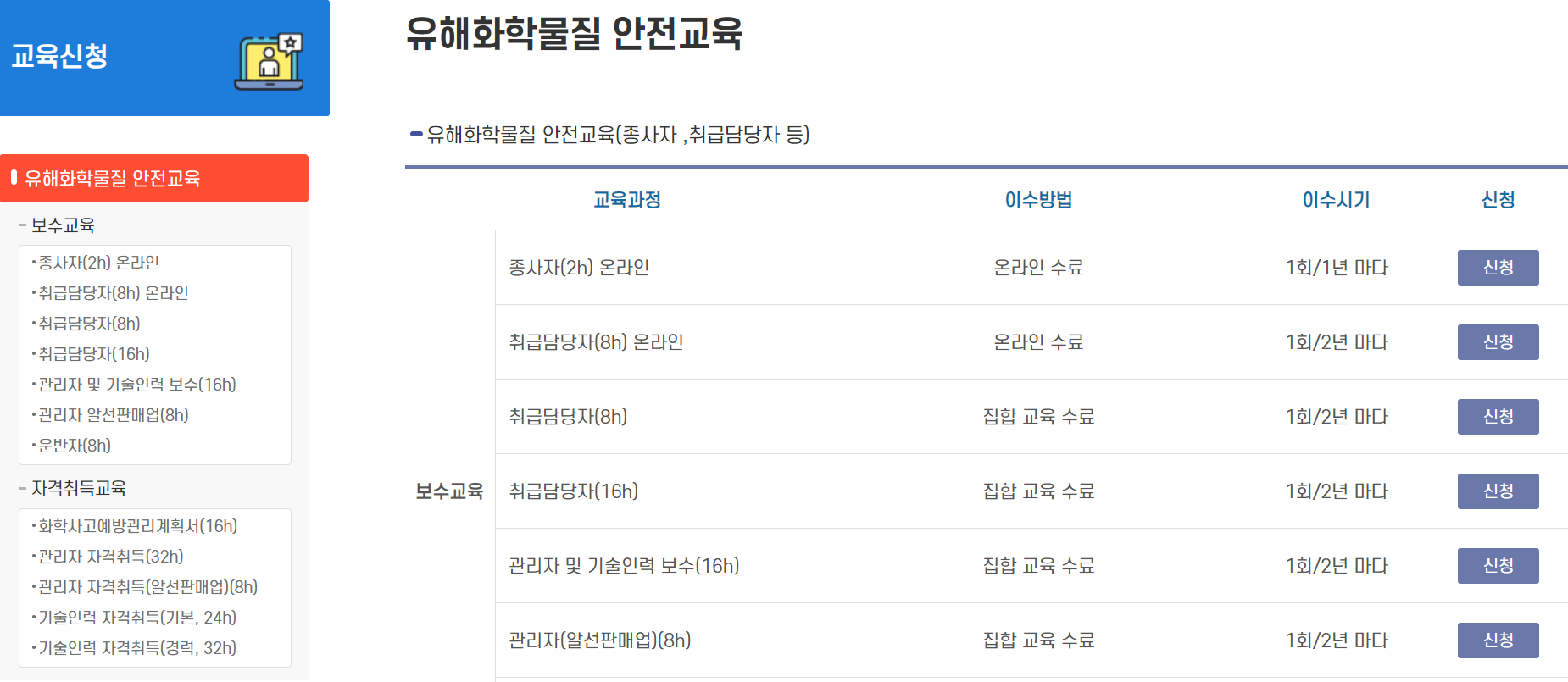 유해화학물질 안전교육 신청