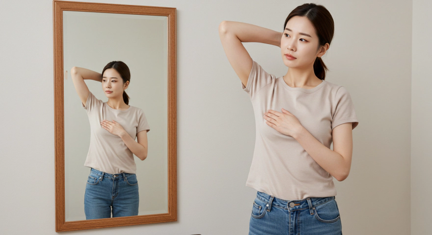 한 여성이 거울 앞에서 유방암 자기잔단을 하는 모습