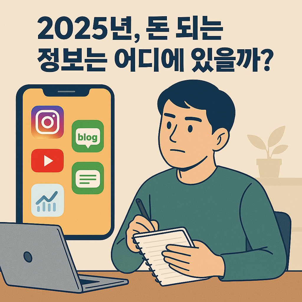 책상에 앉아 노트에 메모하며 스마트폰 화면을 바라보는 청년 일러스트. 스마트폰 안에는 인스타그램, 블로그, 유튜브, 뉴스, 차트 아이콘이 보이고, 상단에는 ‘2025년, 돈 되는 정보는 어디에 있을까?’라는 문구가 적혀 있어 부업·정보 탐색의 흐름을 시각적으로 표현함.