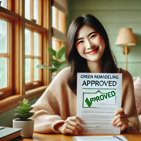 창가 책상에서 그린리모델링 승인서를 들고 기뻐하는 동양인 젊은 여성의 초고해상도 사진