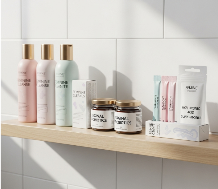 욕실 선반 위에 놓인 여성 청결제, 질 유산균, 히알루론산 좌약 등 다양한 여성용품들. 건강 관리를 위한 선택지들을 보여준다
