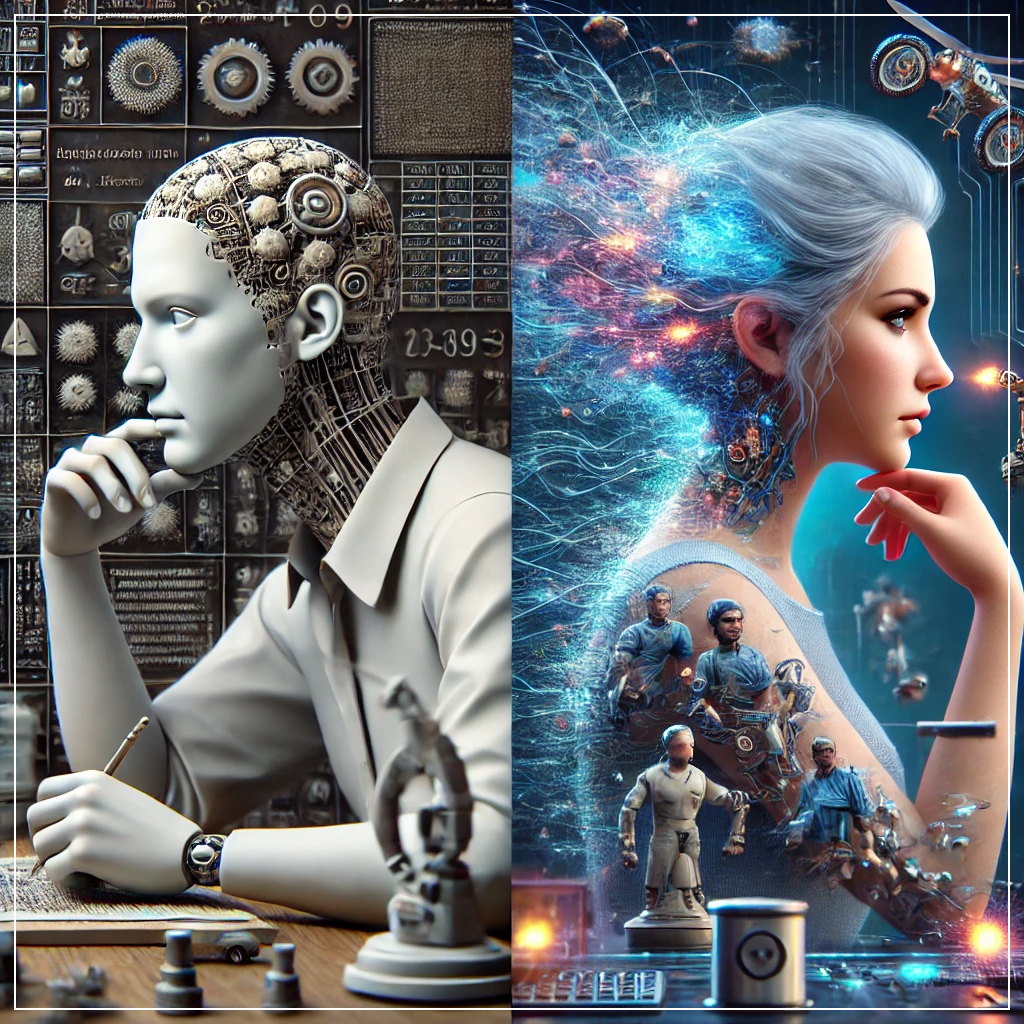 ANI(특화형 AI)와 AGI(인공일반지능)의 차이를 시각적으로 표현한 이미지