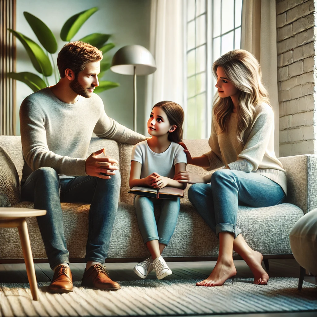 거실의 소파에 함께 앉아 진심 어린 대화를 나누는 가족의 모습. 부모는 아이의 이야기를 주의 깊게 듣고 있으며 따뜻하고 이해심 넘치는 분위기를 연출