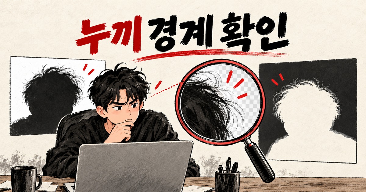 AI 누끼 따기 뒤 머리카락 경계를 확대해 확인하는 남성 삽화