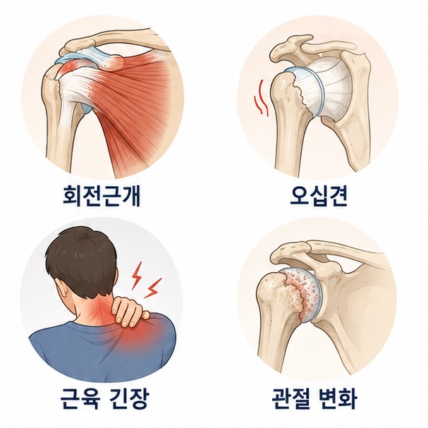 회전근개, 오십견, 근육 긴장, 관절 변화를 비교한 어깨통증 주요 원인