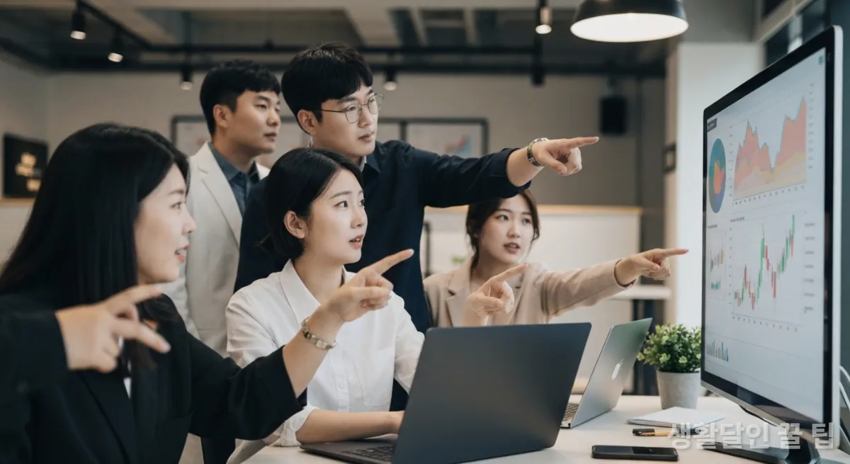 코워킹 스페이스에서 재테크 전략을 논의하는 한국인 청년들