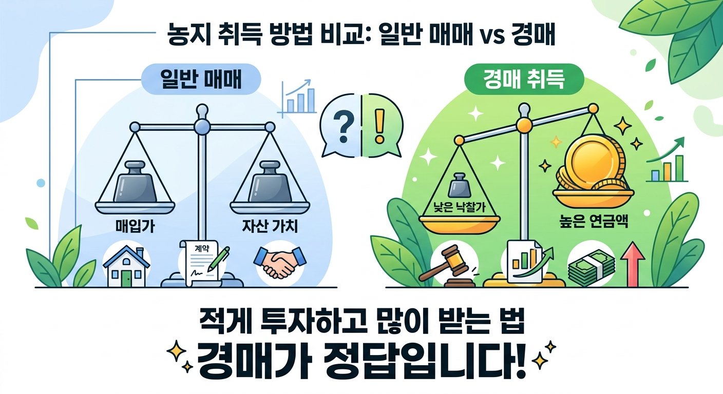 농지취득방법 경매 수익성 차이를 비교하는 인포그래픽