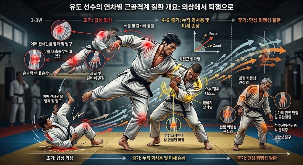 유도 선수의 연차별 부상 진행 개요: 초기 급성 외상에서 만성 퇴행성 질환으로의 변화를 설명하는 인포그래픽.