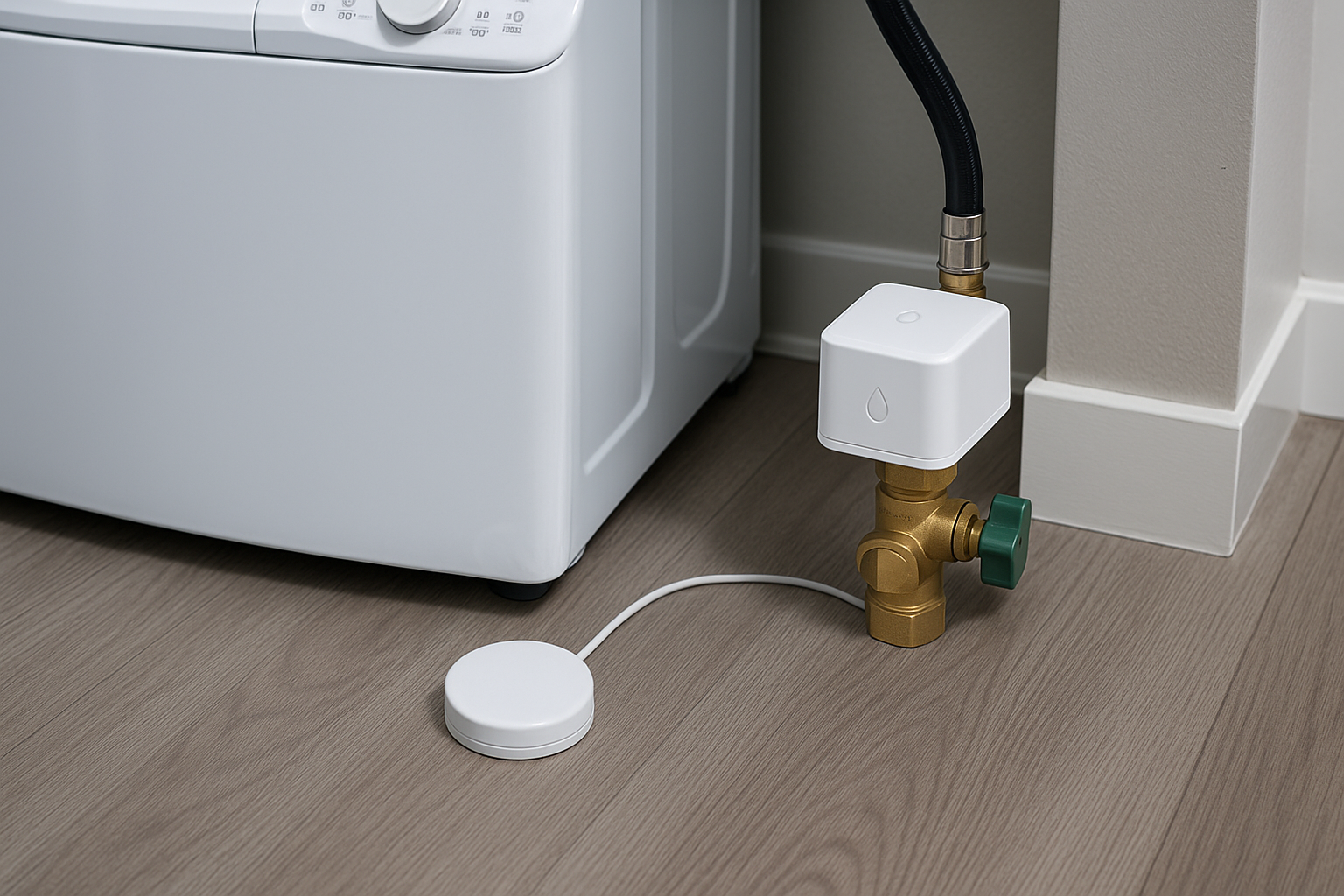 싱크대 캐비닛 바닥 뒤쪽에 배치한 케이블 프로브형 누수 센서