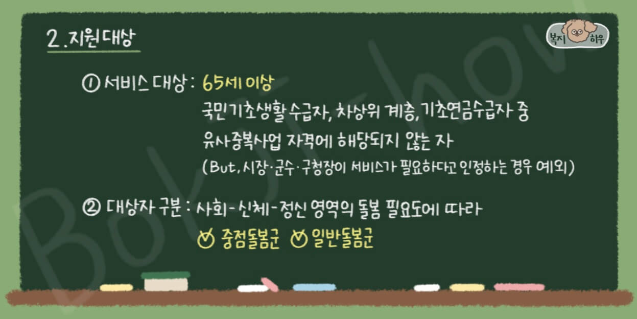 노인맞춤돌봄서비스 지원 대상은 65세 이상 어르신이며 사회, 신체, 정신 영역에 따라 중점 돌봄군과 일반 돌봄군으로 구분된다.