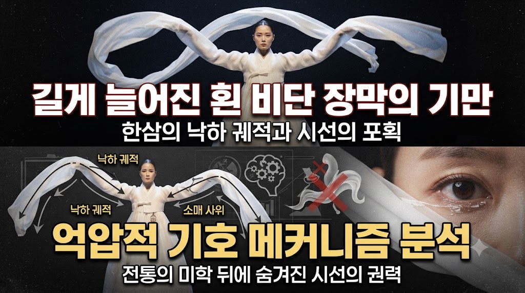 길게 늘어진 흰 비단 장막의 기만: 한삼의 낙하 궤적과 소매 사위가 관객의 시선에 기호학적으로 작용하는 억압적 메커니즘 분석