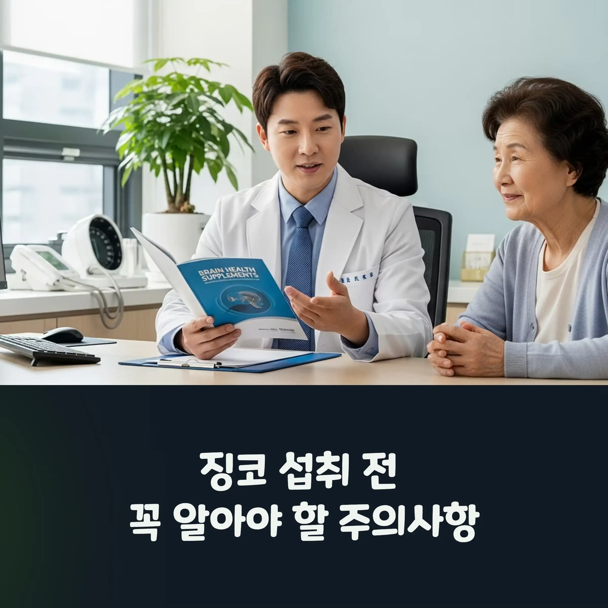 징코 섭취전 주의사항에 대해서 설명을 듣고 있다.