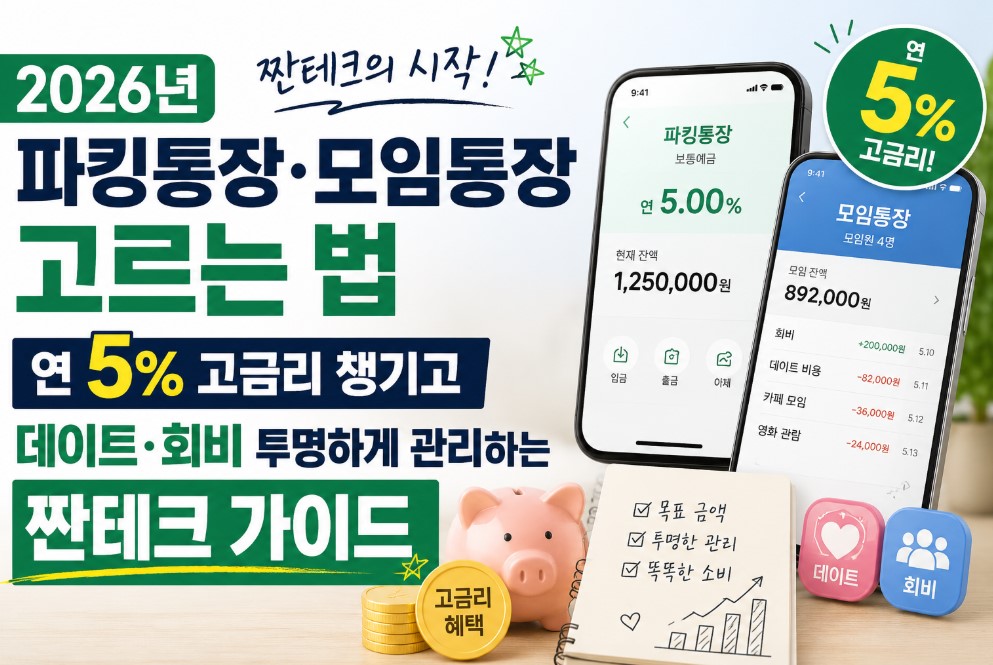 "2026년 파킹통장&middot;모임통장 고르는 법: 연 5% 고금리 챙기고 데이트&middot;회비 투명하게 관리하는 짠테크 가이드"