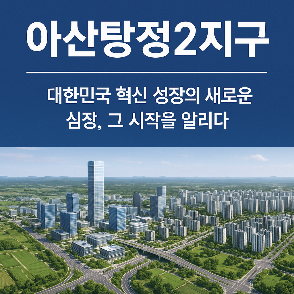 아산탕정2지구 신도시 개발 조감도와 함께 '대한민국 혁신 성장의 새로운 심장, 그 시작을 알리다'라는 문구가 있는 홍보용 이미지