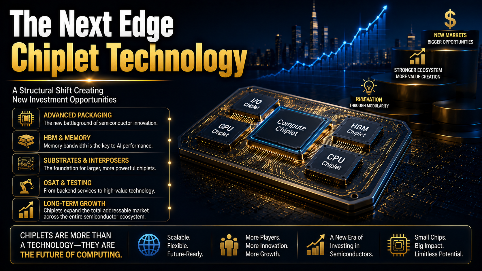 Concept illustration showing chiplet technology driving investment opportunities in advanced packaging, HBM memory, semiconductor substrates, and AI infrastructure.