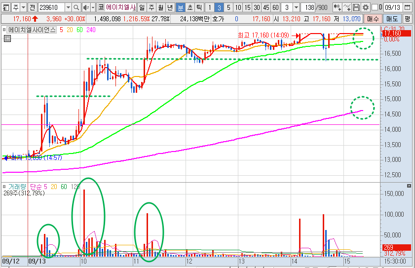 에이치엘사이언스 3분봉 차트 분석