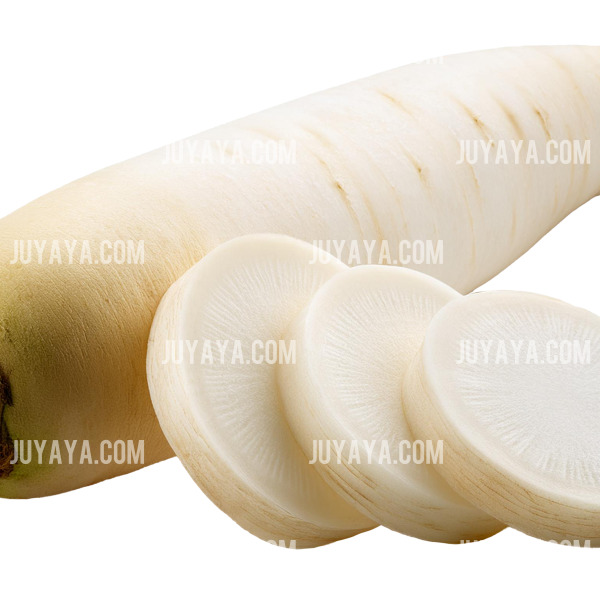 한 개의 큰 무와 동그랗게 썬 무 조각들이 함께 놓여 있는 모습&amp;#44; 선명한 무 단면이 강조됨.