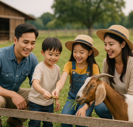 동물농장에서 먹이주기 체험하고 있는 가족