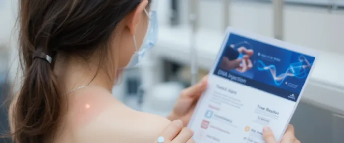 어깨 통증으로 브로셔를 살펴보는 사전 상담 장면