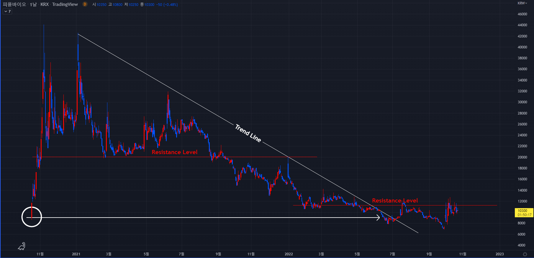 피플바이오 주식 2022-10-24 일봉차트