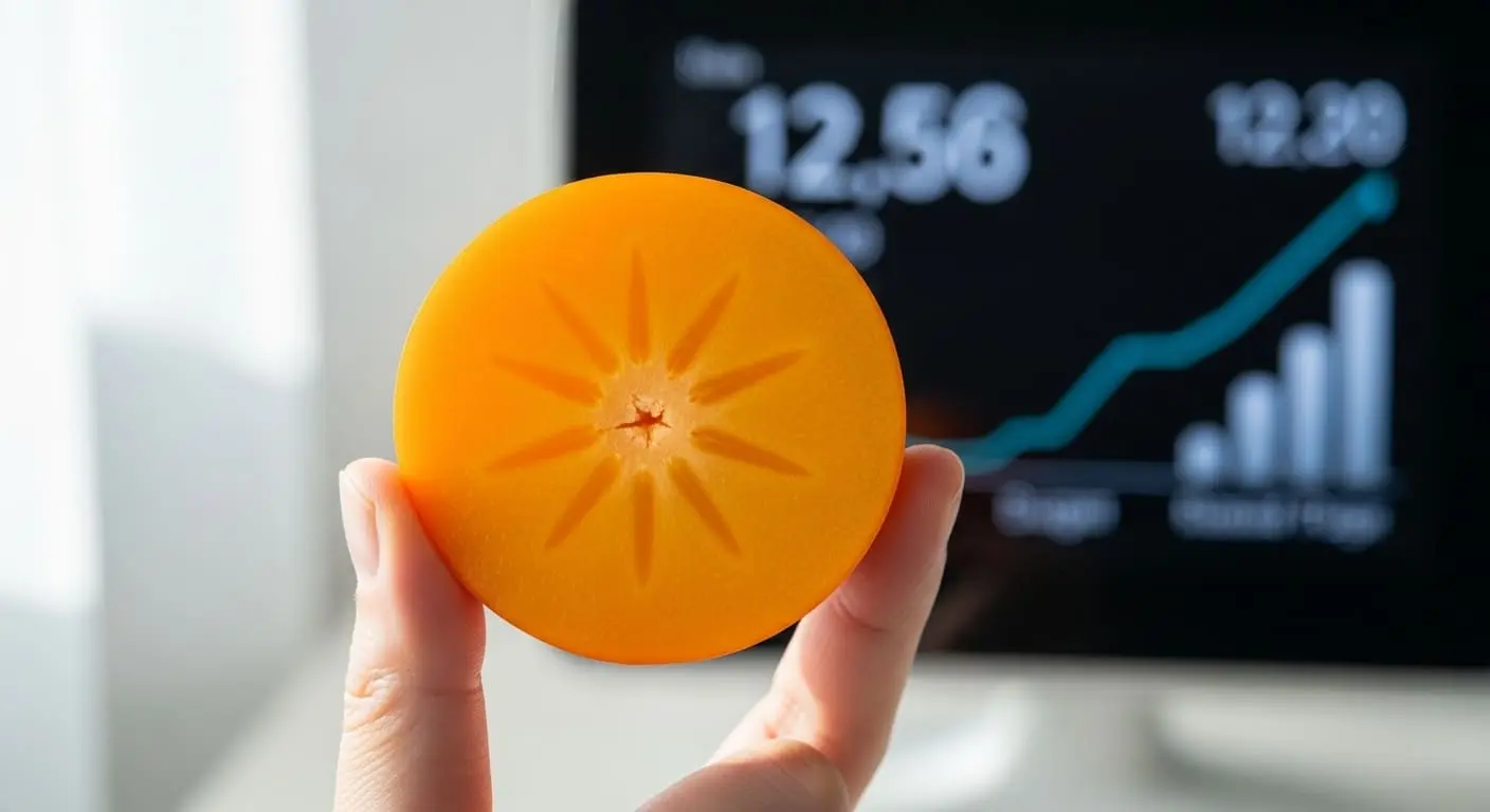 당뇨 환자의 적정 단감 섭취량을 시각적으로 보여주는 이미지. 손으로 들고 있는 반으로 잘린 단감이 강조되어 있으며, 배경에는 혈당 수치를 나타내는 흐릿한 그래프가 있어 건강한 식단 관리를 상징합니다.