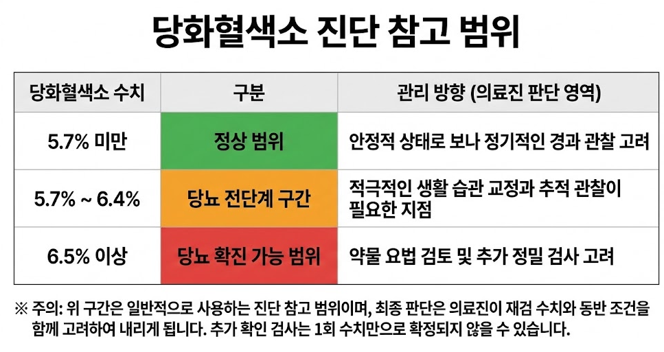당화혈색소 수치별 구분과 관리 방향, 그리고 주의사항이 적혀있는 진단 참고 범위표