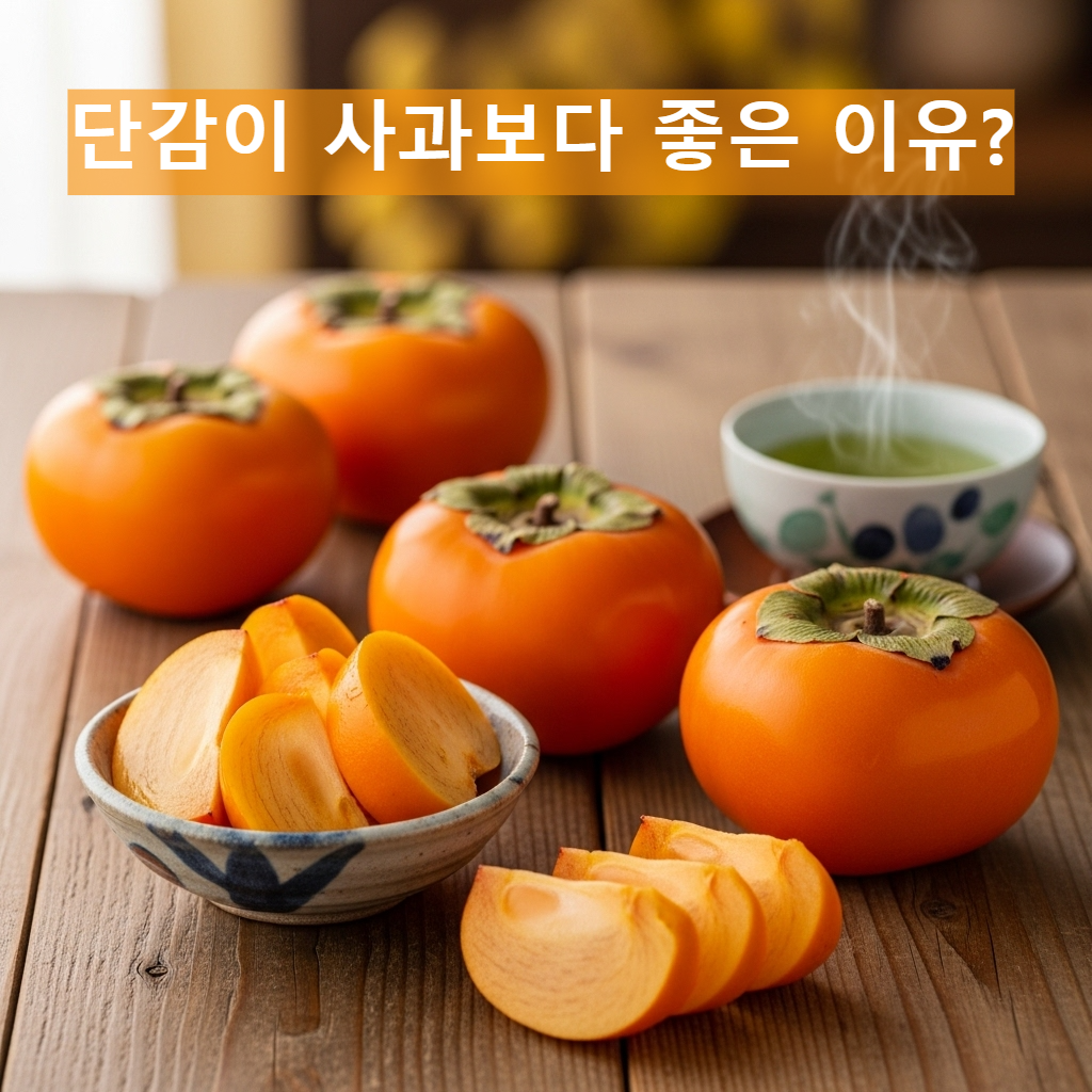 단감과 차가 놓인 테이블 이미지