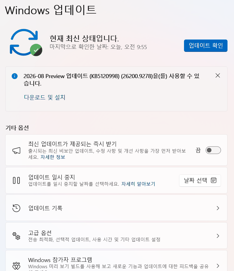 윈도우 11 설정 업데이트 화면의 상태 안내와 기타 옵션