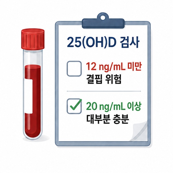 비타민 D 혈액검사 25(OH)D와 12 ng/mL, 20 ng/mL 기준을 보여주는 검사 결과 그림