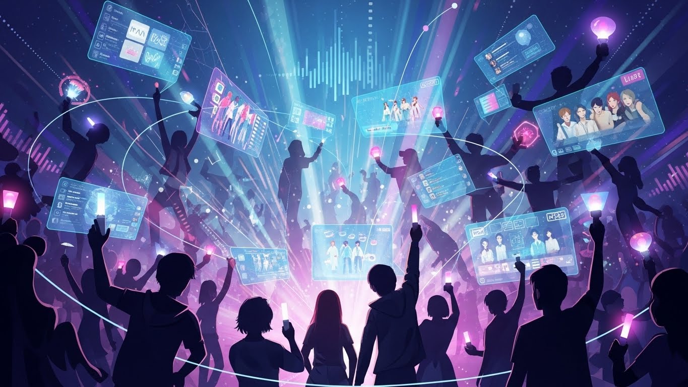 다양한 팬들이 디지털 화면과 응원봉을 통해 소통하는 K-POP 팬덤 문화의 추상적인 표현