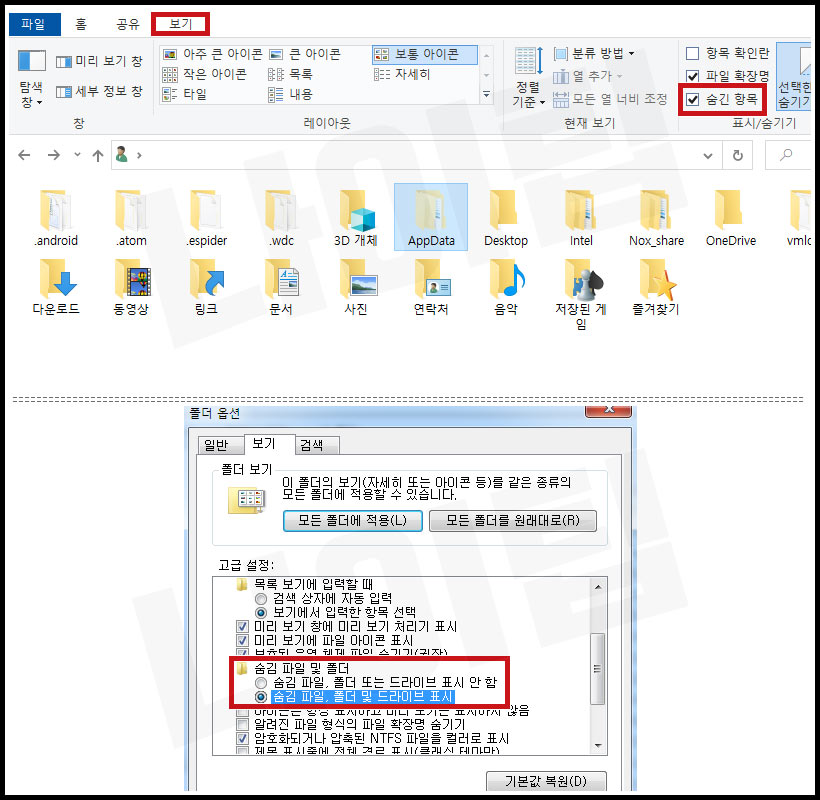 윈도우 10&#44; 7 숨긴 항목 파일 표시에 체크