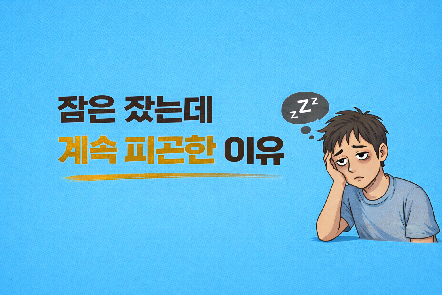 잠은 잤지만 계속 피곤한 이유를 설명하는 텍스트와 피곤한 표정의 일러스트가 포함된 대표 이미지