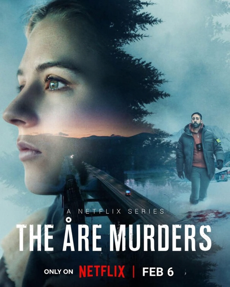 "넷플릭스 스웨덴 범죄 스릴러 The &Aring;re Murders 공식 포스터, 여성 형사의 옆모습과 설원에서 수사를 진행하는 형사의 모습이 겹쳐진 디자인"