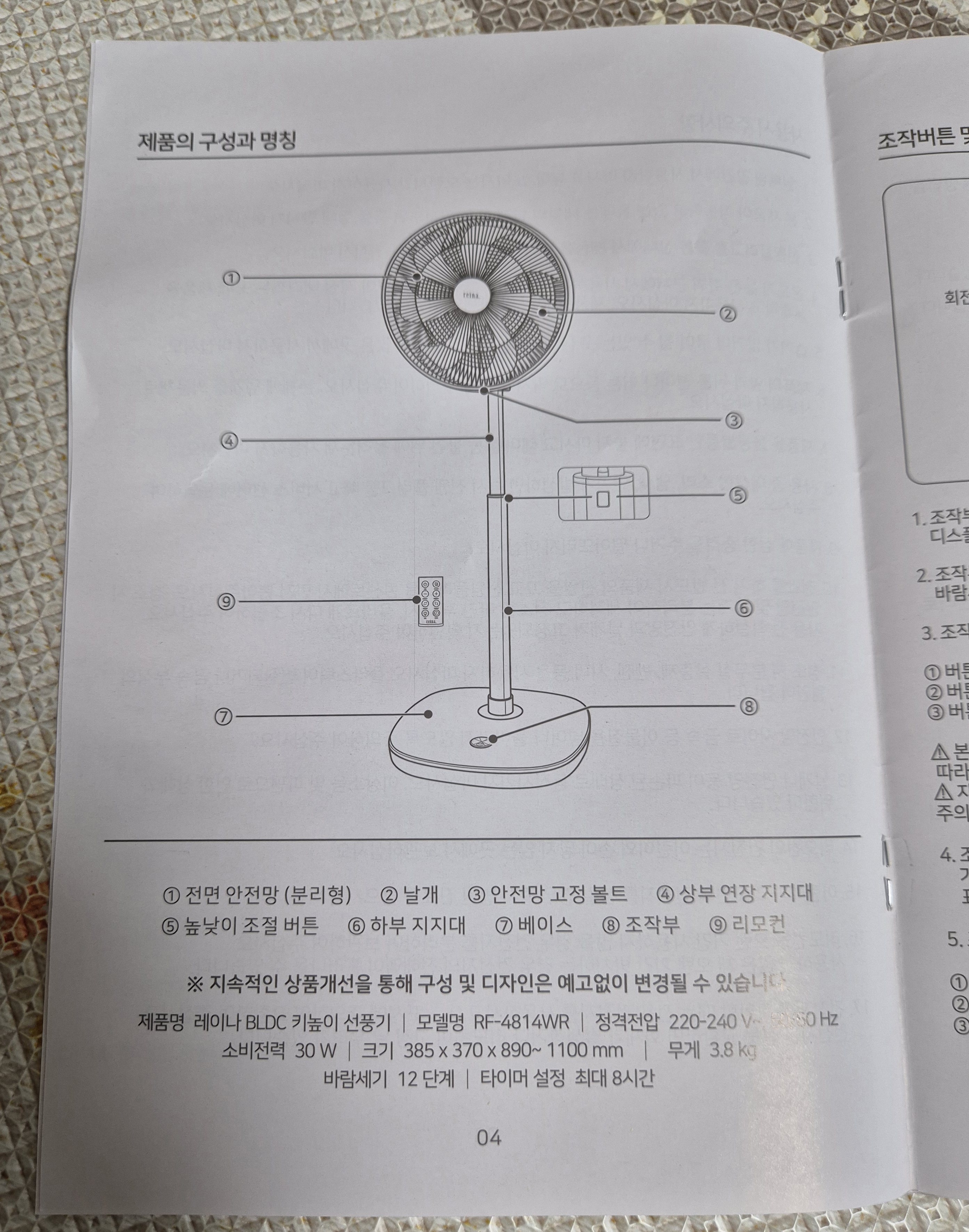 레이나 선풍기 RF-4814WR 메뉴얼 구성 명칭