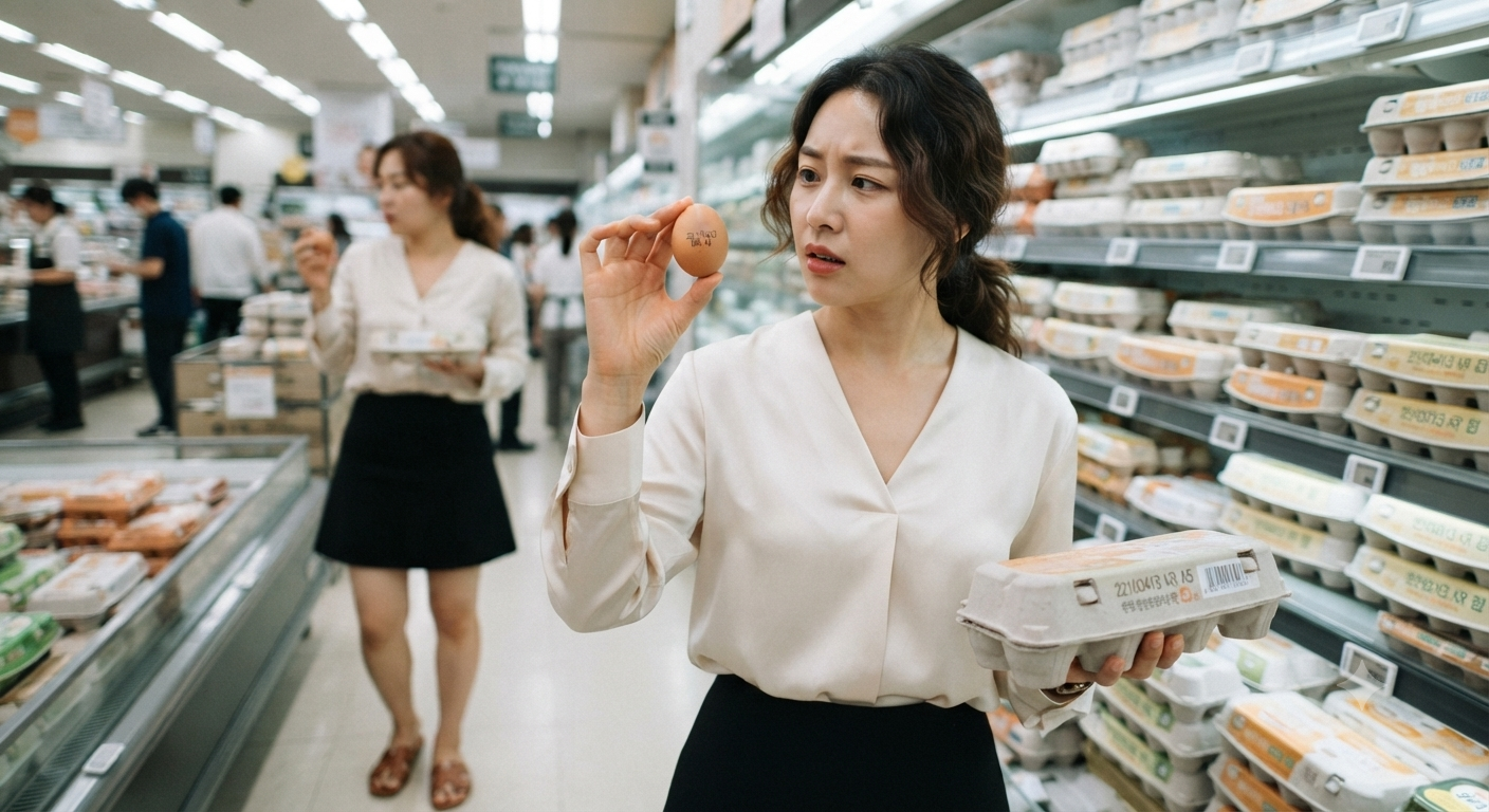 달걀 껍데기에 빼곡히 찍혀 있는 숫자와 알파벳을 보고 의아해 하는 여성