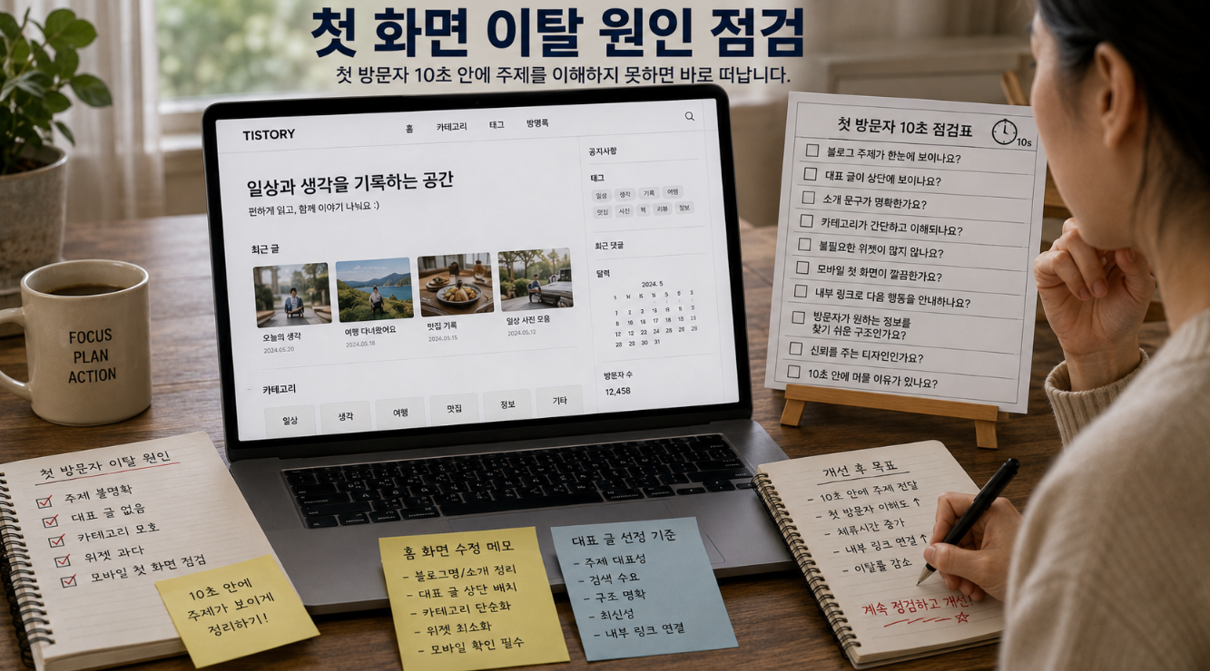 티스토리 블로거가 첫 방문자 이탈 원인을 찾기 위해 블로그 첫 화면 주제 대표 글 카테고리 위젯을 점검하는 이미지