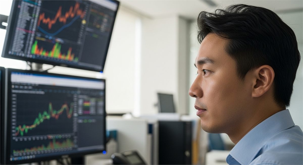 연구실에서 반도체 실적 흐름을 검토하는 한국인 애널리스트 장면 