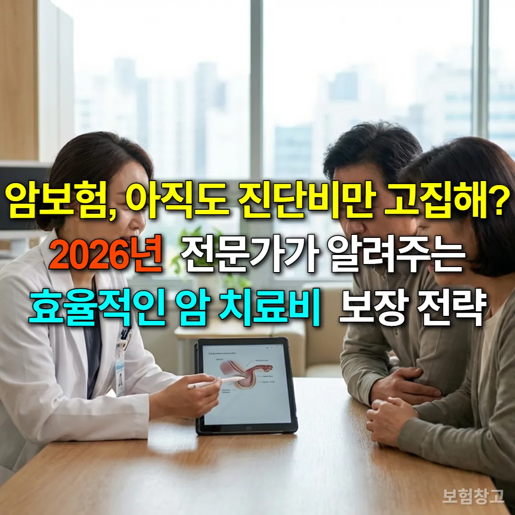 2026년 암보험 트렌드에 대해 설명하는 한국인 의사와 환자 부부